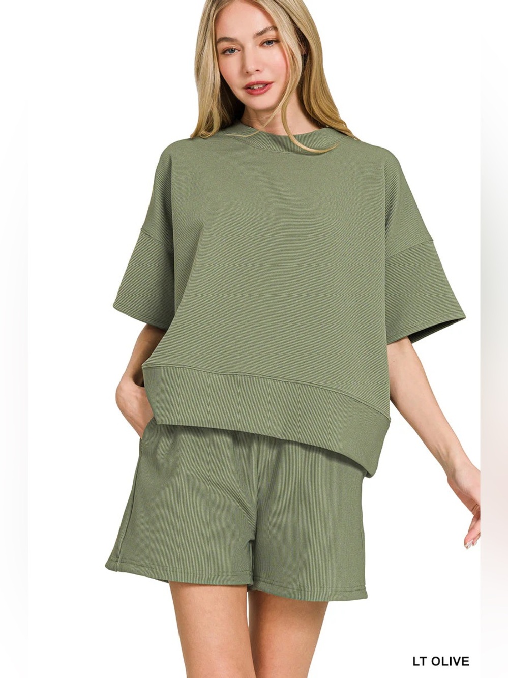 Zenana Ribbed Short Sleeve Top & Short Set in color olive